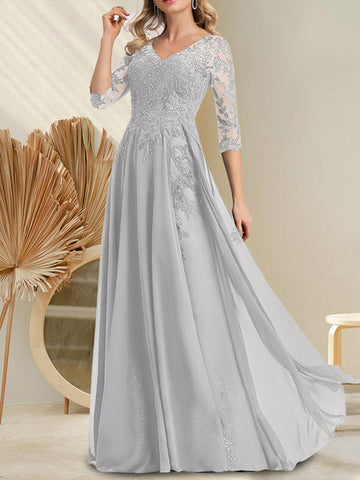 Vestido de gasa con encaje y lentejuelas para madre de la novia, corte A, escote en V y largo hasta el suelo