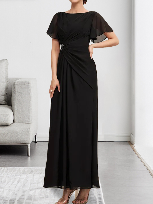 A-Linien-Chiffonkleid mit Rundhalsausschnitt, knöchellang, mit Perlenstickerei und Falten für die Mutter der Braut