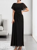A-Linien-Chiffonkleid mit Rundhalsausschnitt, knöchellang, mit Perlenstickerei und Falten für die Mutter der Braut