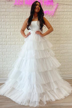 A-Line Strapless Tiered Tulle Prom Dress with Ruffles