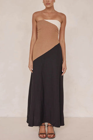 Meridress Strapless Color Block Pocketed Maxi Party Dress