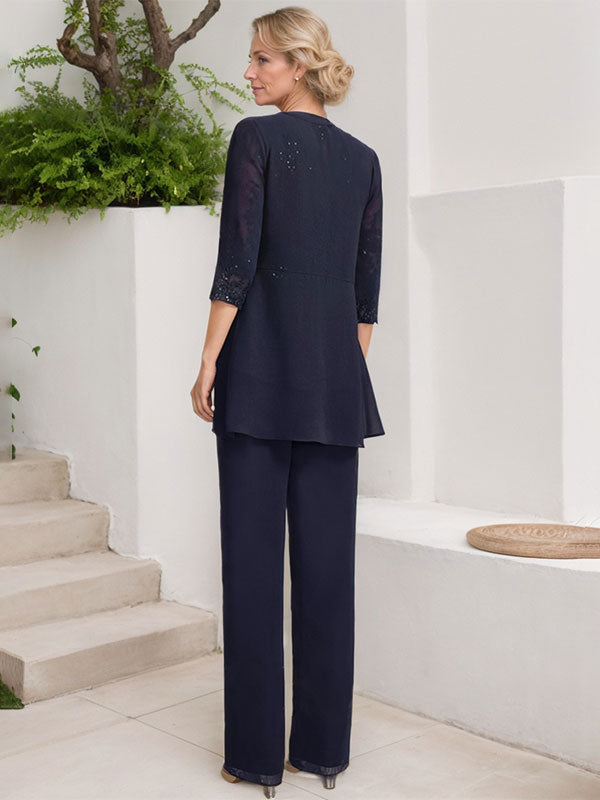 Jumpsuit/Hosenanzug-Set, bodenlanges Chiffon-Spitzenkleid mit Pailletten für die Mutter der Braut mit Rundhalsausschnitt