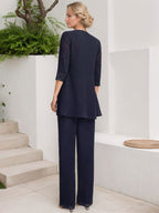 Jumpsuit/Hosenanzug-Set, bodenlanges Chiffon-Spitzenkleid mit Pailletten für die Mutter der Braut mit Rundhalsausschnitt