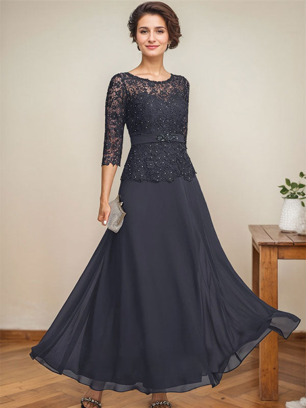 A-Linien-Kleid mit U-Boot-Ausschnitt, Illusion-Detail, knöchellang, aus Chiffon und Spitze mit Strassperlen für die Mutter der Braut. 