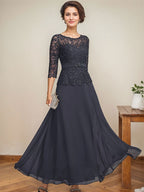 A-Linien-Kleid mit U-Boot-Ausschnitt, Illusion-Detail, knöchellang, aus Chiffon und Spitze mit Strassperlen für die Mutter der Braut. 