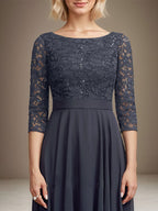 A-Linien-Kleid mit Rundhalsausschnitt, Teelänge, Spitze, Chiffon, Pailletten, für die Mutter der Braut