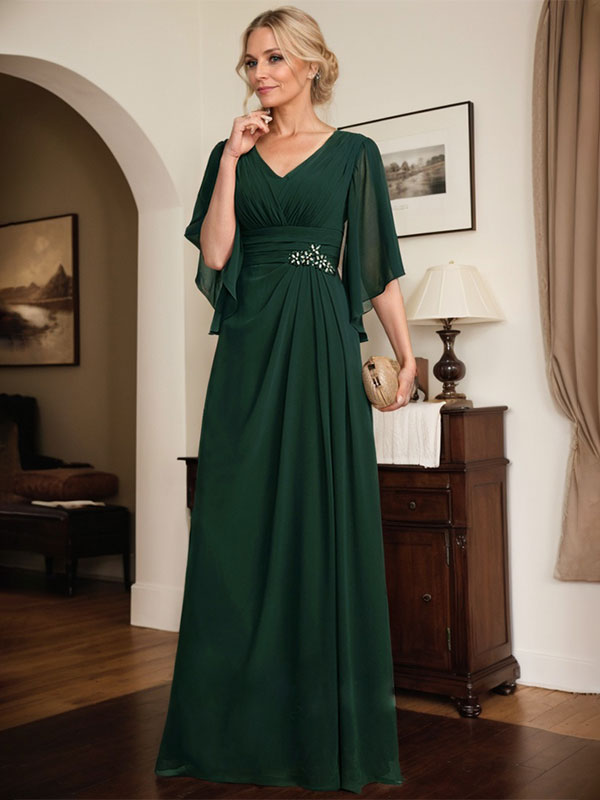 Vestido de gasa para madre de la novia, con escote en V, largo hasta el suelo, con lentejuelas plisadas y abalorios.