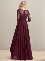 A-Linien-Kleid mit asymmetrischem Ausschnitt, Illusion-Effekt, Spitze und Chiffon, verziert mit plissierten Pailletten, ideal für die Mutter der Braut 
