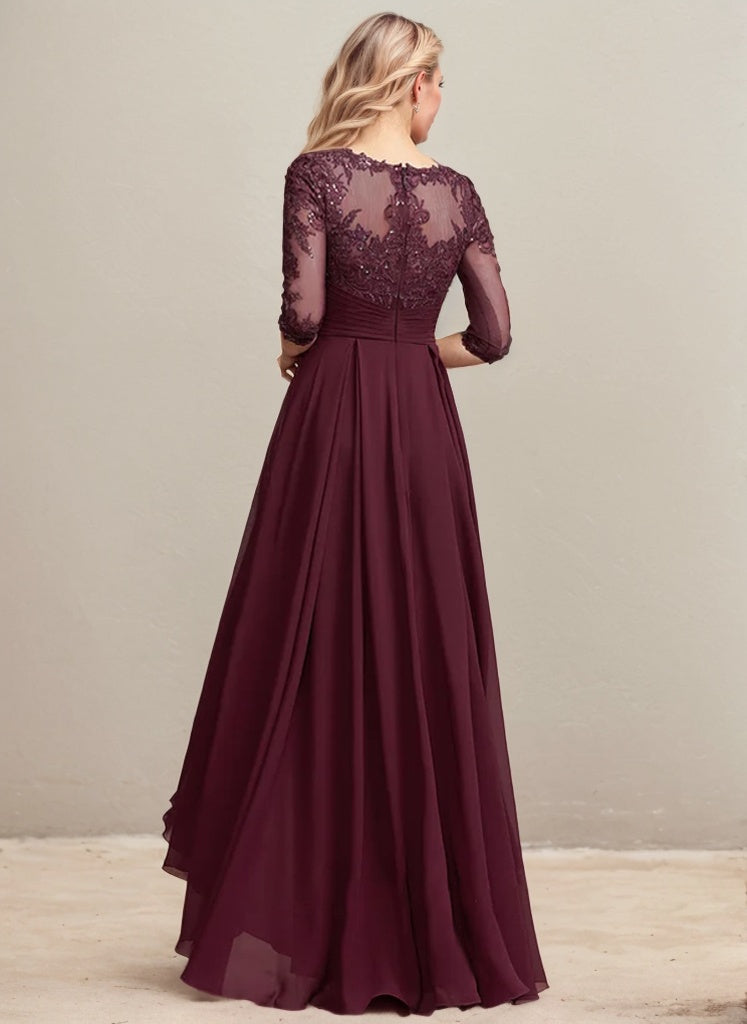 Vestido de madre de la novia de gasa con encaje asimétrico, ilusión, corte A y lentejuelas plisadas 