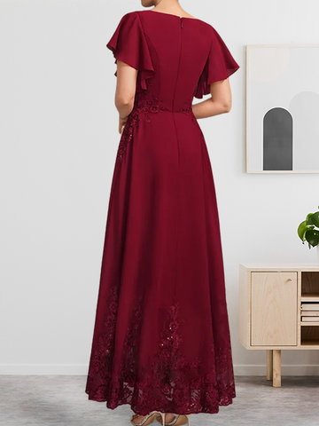A-Linien-Kleid mit Rundhalsausschnitt, knöchellang, aus Spitze und Chiffon, mit Pailletten besetzt