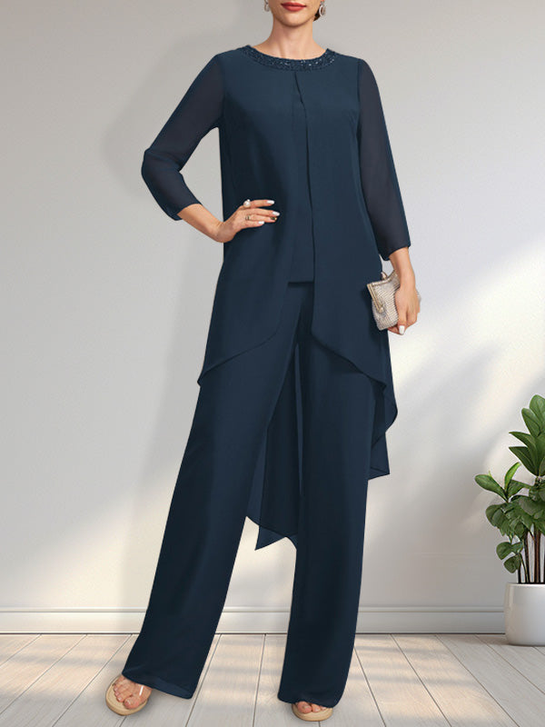 Zweiteiliger Jumpsuit/Hosenanzug, bodenlanges Chiffonkleid für die Mutter der Braut mit Paillettenbesatz und Rundhalsausschnitt.