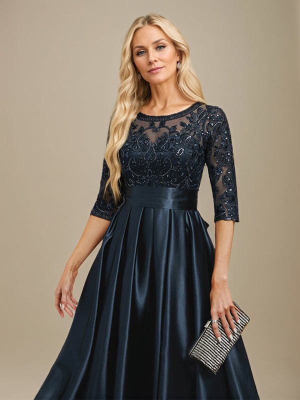 A-Linien-Kleid mit Illusion-Ausschnitt, bodenlang, aus Stretch-Satin und Spitze, verziert mit Schleife und Pailletten, für die Mutter der Braut 