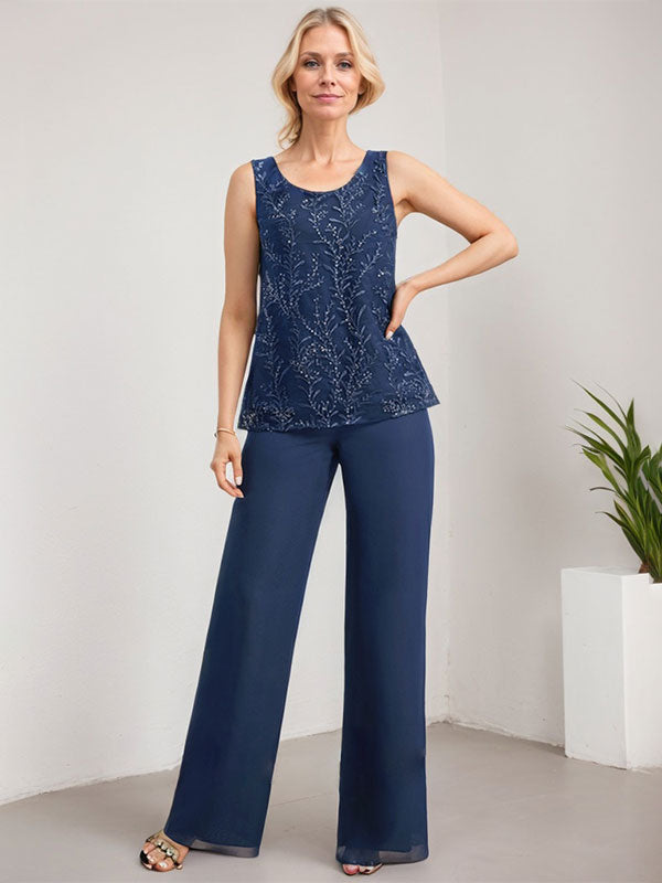 Vestido de madre de la novia de gasa con encaje y lentejuelas, con escote redondo y largo hasta el suelo, con mono/pantalón separado