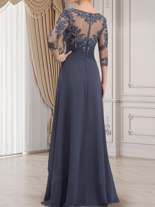 A-Linien-Kleid mit U-Boot-Ausschnitt, Illusion-Effekt, bodenlang, aus Chiffon und Spitze, mit Kaskadenrüschen – perfekt für die Mutter der Braut