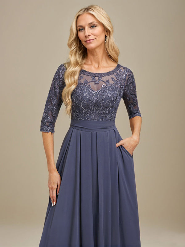 Vestido de gasa con encaje y apliques de lentejuelas para madre de la novia, corte A, largo hasta el suelo 