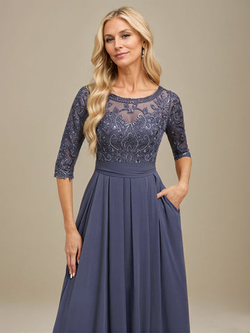 Vestido de gasa con encaje y apliques de lentejuelas para madre de la novia, corte A, largo hasta el suelo 