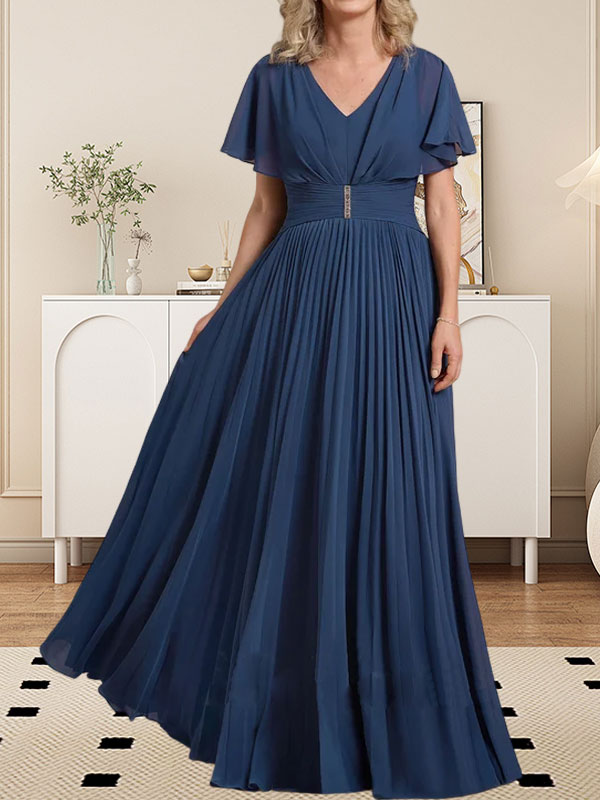 A-Linien-Chiffonkleid mit V-Ausschnitt, bodenlang, für die Mutter der Braut, mit Kristallbrosche und Falten 