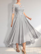 A-Linien-Kleid mit asymmetrischem Chiffon-Spitzenausschnitt und Pailletten für die Mutter der Braut 