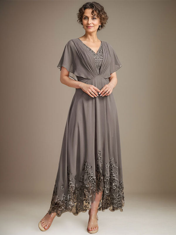 A-Linien-Kleid aus Chiffon mit asymmetrischem V-Ausschnitt und Spitze für die Mutter der Braut mit Falten