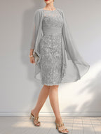 Etuikleid mit Rundhalsausschnitt, Illusion-Effekt, knielang, aus Chiffon mit Spitze, Rüschen und Pailletten – ideal für die Mutter der Braut