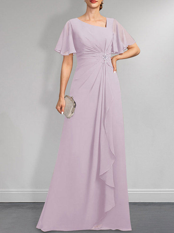 A-Linien-Kleid aus Chiffon in Bodenlänge mit asymmetrischem Schnitt, plissiert und mit Pailletten und Perlenstickerei
