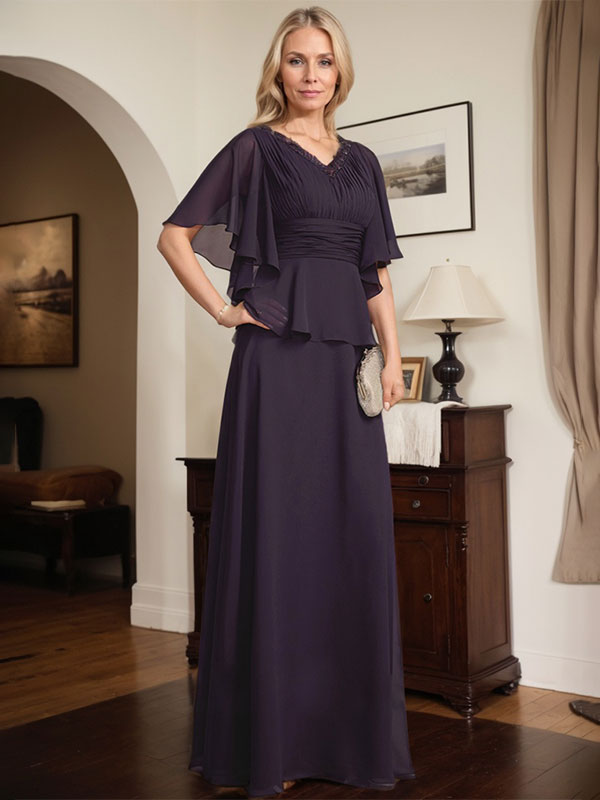 Vestido de gasa para madre de la novia, corte A, escote en V, largo hasta el suelo, con cuentas plisadas