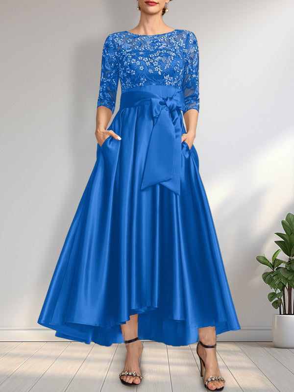 A-Linien-Kleid mit asymmetrischem Ausschnitt, Illusion-Effekt, Satinspitze und Schleife für die Mutter der Braut