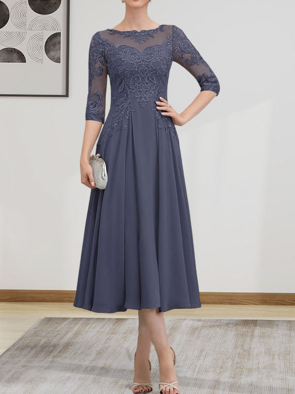 A-Linien-Kleid mit U-Boot-Ausschnitt, Illusion-Detail, Teelänge, Chiffonspitze, Perlenstickerei und Pailletten für die Mutter der Braut