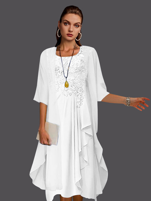 Zweiteiliges, ärmelloses A-Linien-Kleid aus Chiffonspitze mit Faltenapplikationen 