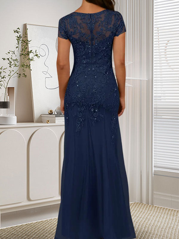 Dunkelblaues Meerjungfrauen-Tüllkleid mit Pailletten und Rundhalsausschnitt