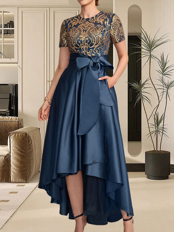 A-Linien-Kleid mit asymmetrischem Ausschnitt, Pailletten und Spitze aus Satin und Spitze für die Mutter der Braut, mit Schleife