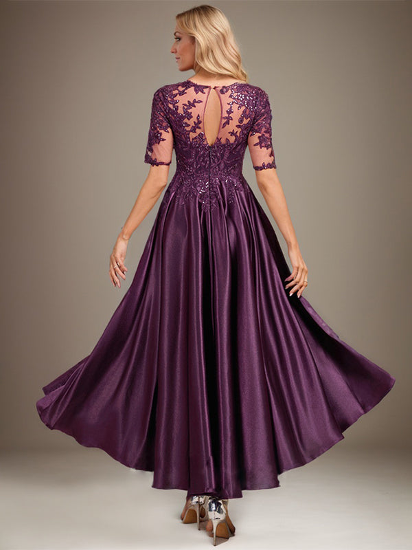Vestido de madre de la novia de encaje satinado elástico asimétrico con ilusión de escote en A y lentejuelas 