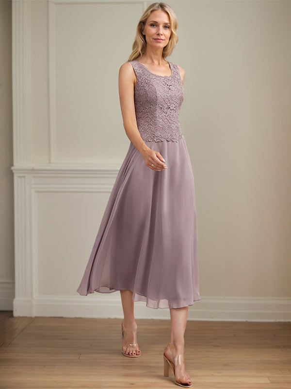 Vestido de gasa con encaje y escote redondo hasta la rodilla para madre de la novia 