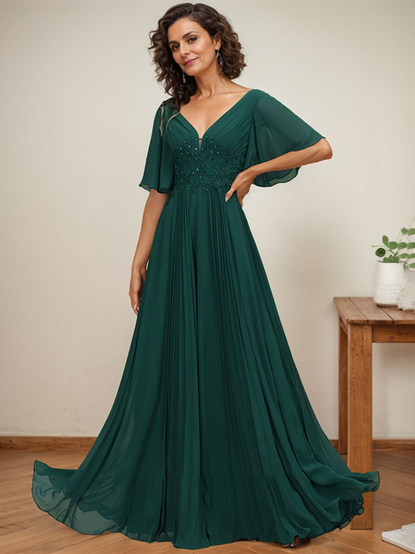 A-Linien-Kleid aus Chiffon mit V-Ausschnitt, bodenlang, mit Paillettenapplikationen, Spitze und Falten für die Mutter der Braut 