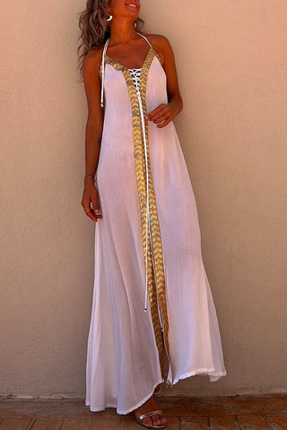 Vestido largo camisola Meridress con escote en V, espalda descubierta y lentejuelas con aberturas detalladas