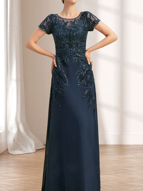 Vestido de gasa con encaje y lentejuelas para madre de la novia, largo hasta el suelo, con escote redondo e ilusión
