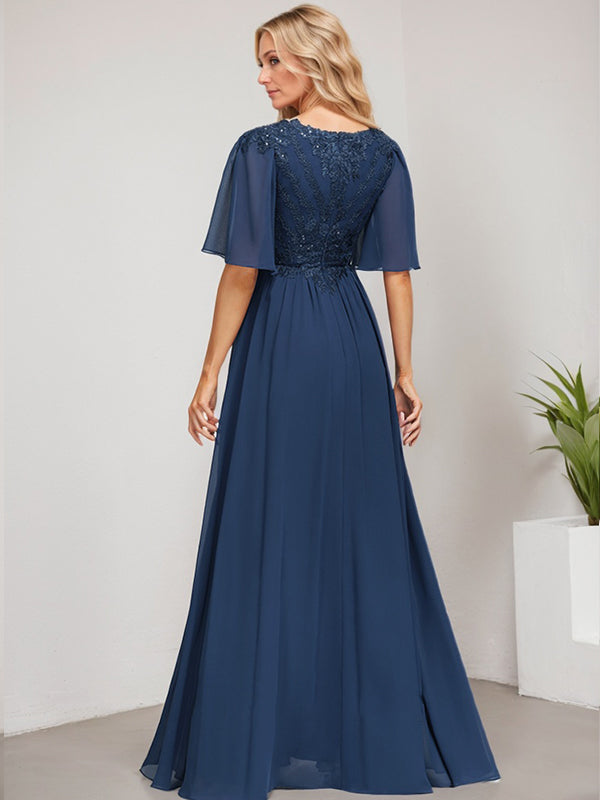 Vestido de gasa con encaje y lentejuelas para madre de la novia, corte A, escote en V y largo hasta el suelo 