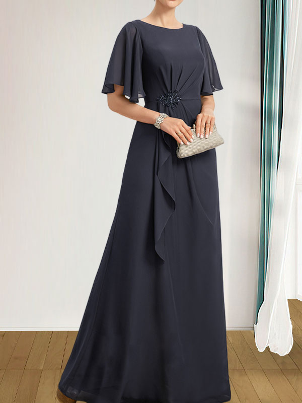A-Linien-Kleid aus Chiffon in Bodenlänge für die Mutter der Braut mit kaskadenartigen Rüschen, Perlen und Pailletten
