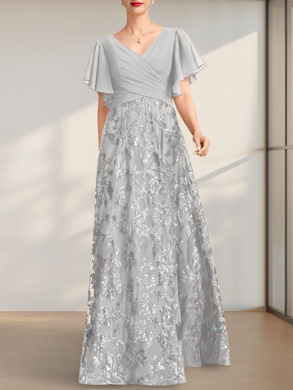A-Linien-Kleid mit V-Ausschnitt, bodenlang, aus Spitze, Pailletten und Chiffon, ideal für die Mutter der Braut, mit Falten