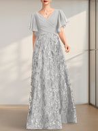 A-Linien-Kleid mit V-Ausschnitt, bodenlang, aus Spitze, Pailletten und Chiffon, ideal für die Mutter der Braut, mit Falten