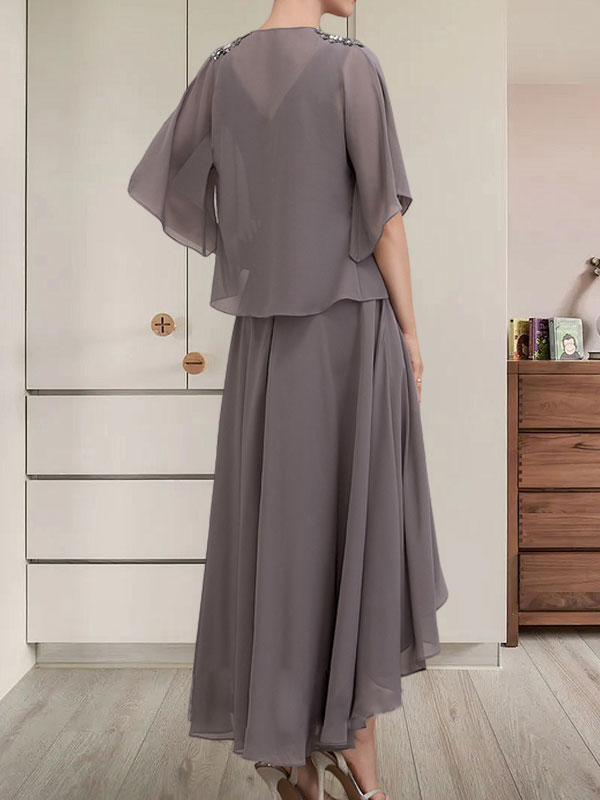 A-Linien-Kleid aus Chiffon mit V-Ausschnitt, asymmetrischem Muster und Perlen- und Paillettenbesatz für die Mutter der Braut