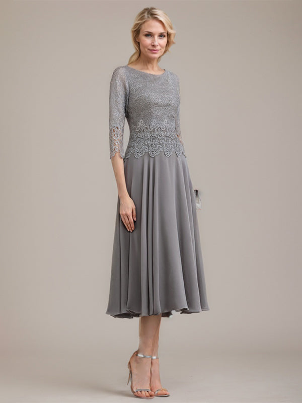 A-Linien-Kleid aus Chiffon mit Rundhalsausschnitt und Teelänge für die Mutter der Braut 