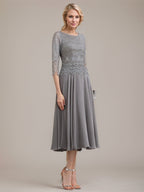 A-Linien-Kleid aus Chiffon mit Rundhalsausschnitt und Teelänge für die Mutter der Braut 