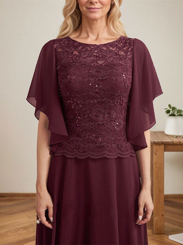 Vestido de madre de la novia de gasa con encaje, ilusión, largo hasta el suelo, corte A y lentejuelas 