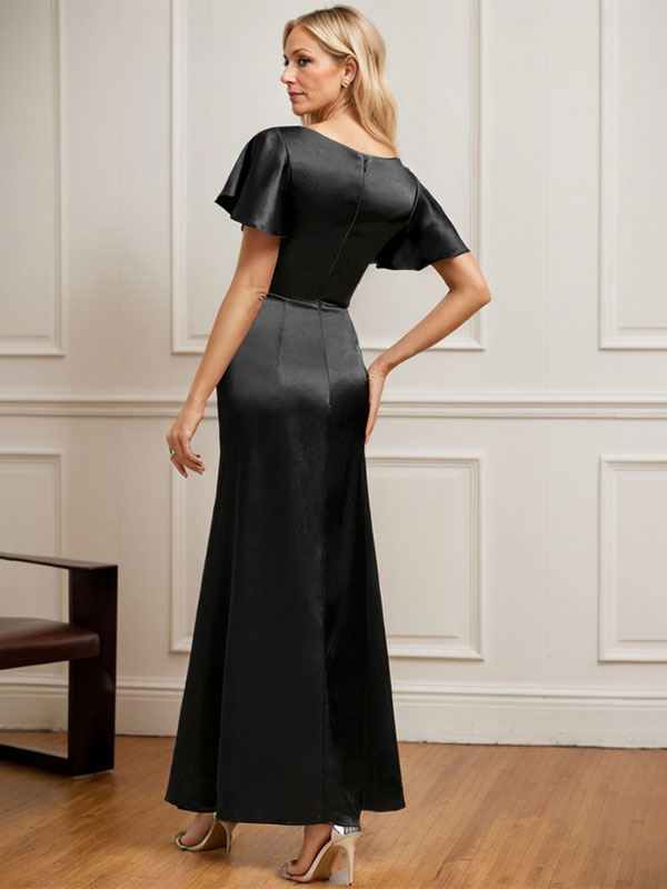 Vestido de madre de la novia de satén elástico con escote redondo y largo hasta los tobillos, corte en A y cuentas plisadas 
