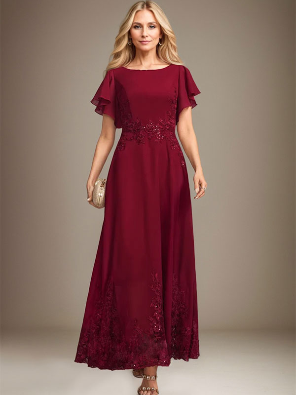 A-Linien-Kleid mit Rundhalsausschnitt, knöchellang, aus Spitze und Chiffon, mit Pailletten besetzt