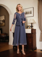 Vestido de gasa con encaje y lentejuelas para madre de la novia, corte A, escote redondo y largo hasta la rodilla 