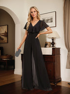 Jumpsuit/Hosenanzug, bodenlanges Chiffon-Abendkleid mit V-Ausschnitt