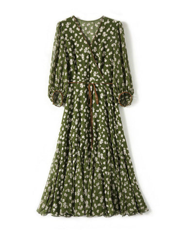 Retro Blumen Wickelkleid mit Taillenbund - Grün Lang 