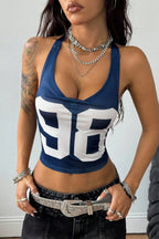 Sporty Number Print Solid Halter Top